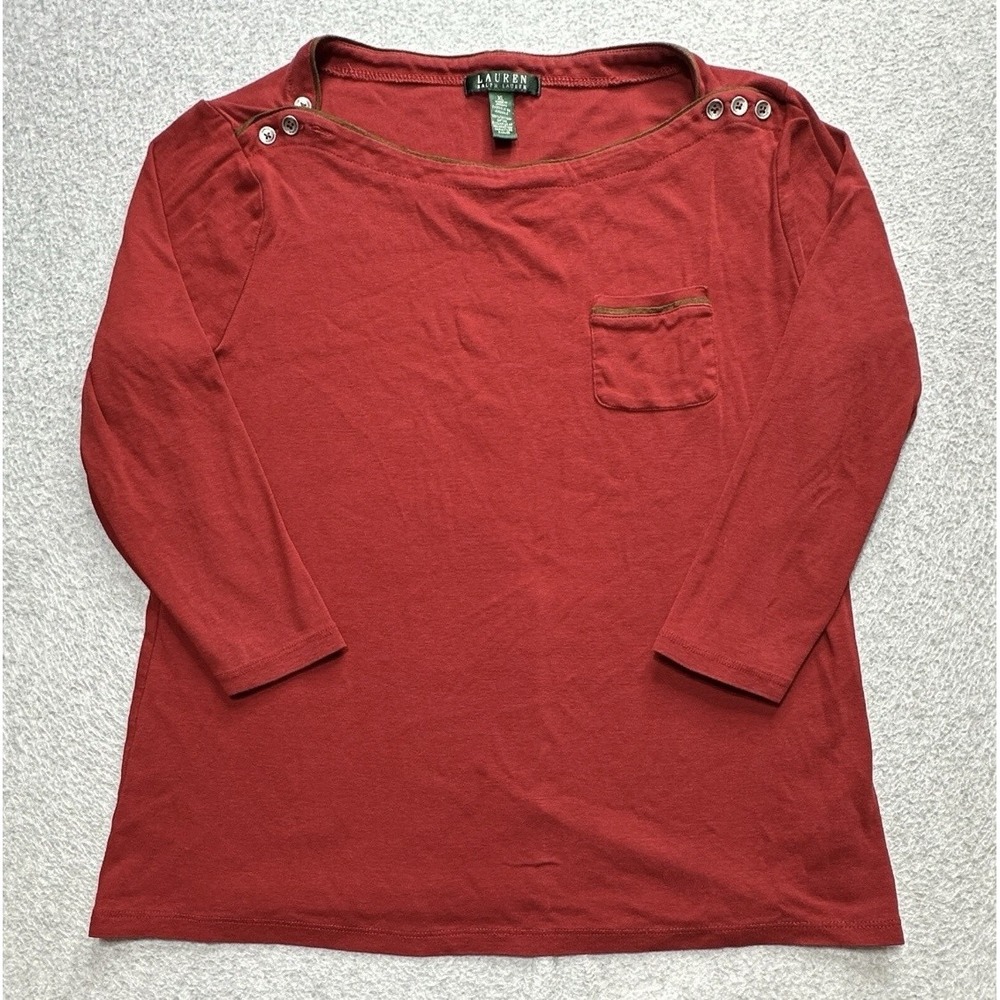 Lauren Ralph Lauren Shirt Womens XL Red Button Shoulder 3 4 Sleeve Pocket Top